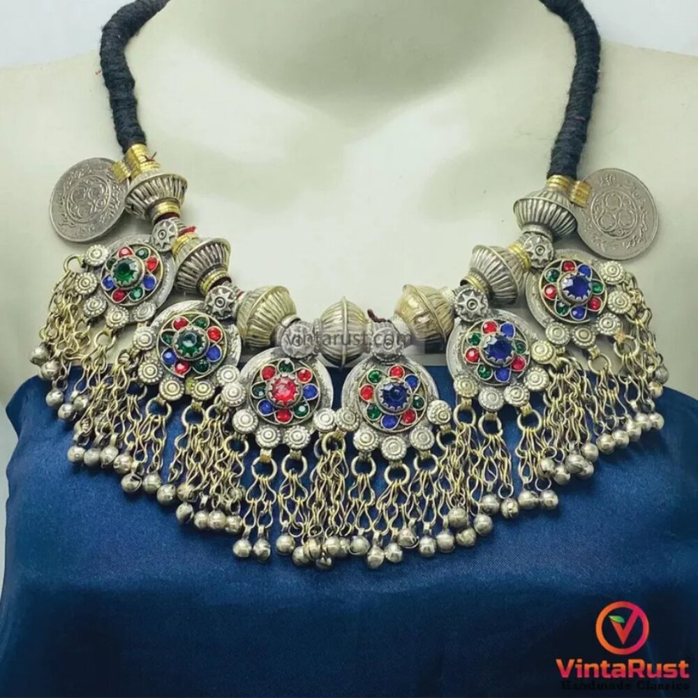 Boho Statement Choker Necklace: Multicolor Afghan Tribal Design